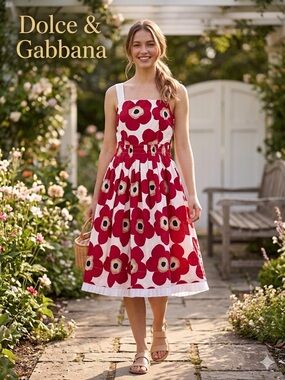DOLCE GABBANA D&G Poppy Floral Print Cotton Flared Pleated Dress